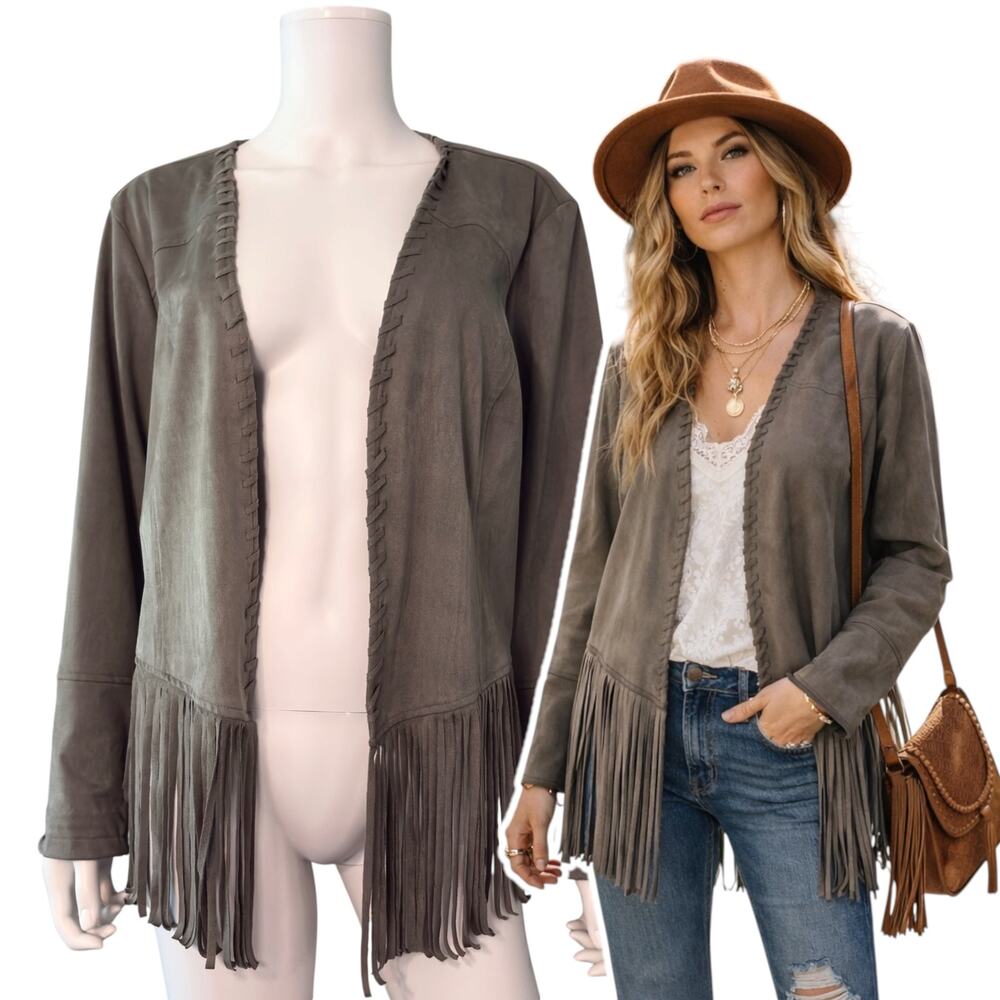 Bob Mackie Gray Microsuede Fringe Jacket Open Front Size XL Western Boho Grunge